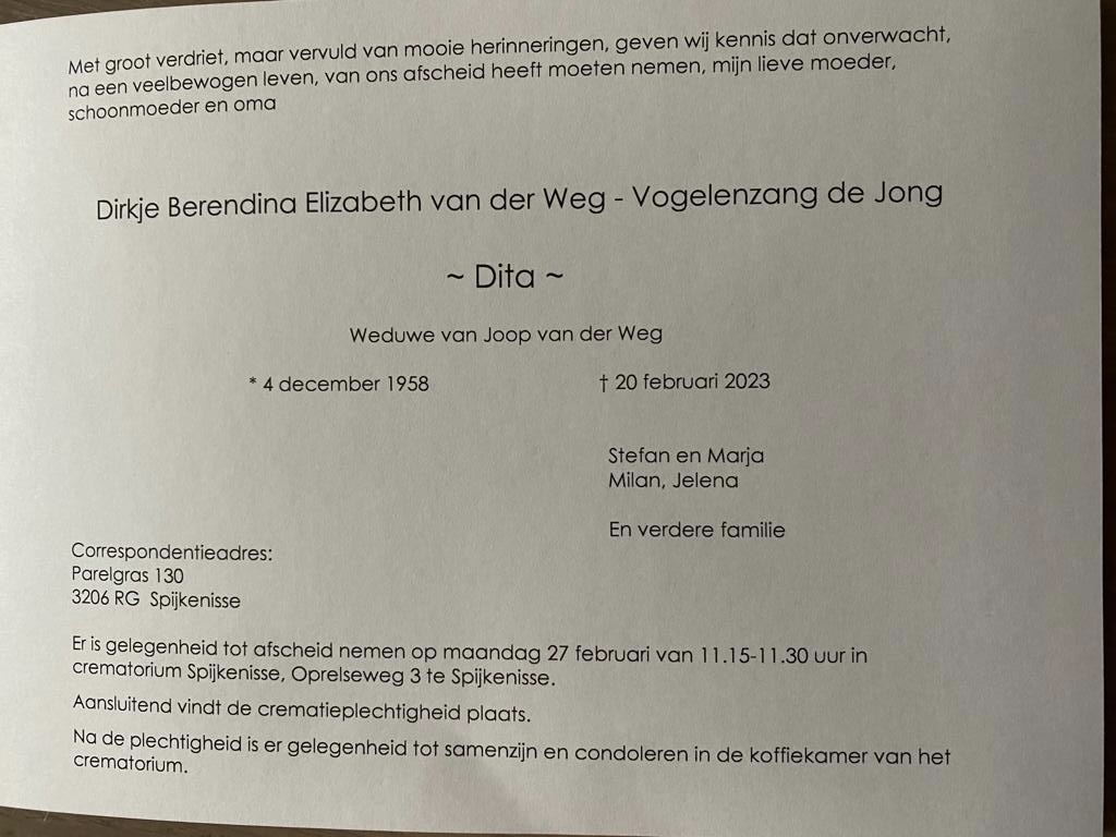 Dita van der Weg - Vogelenzang de Jong overleden